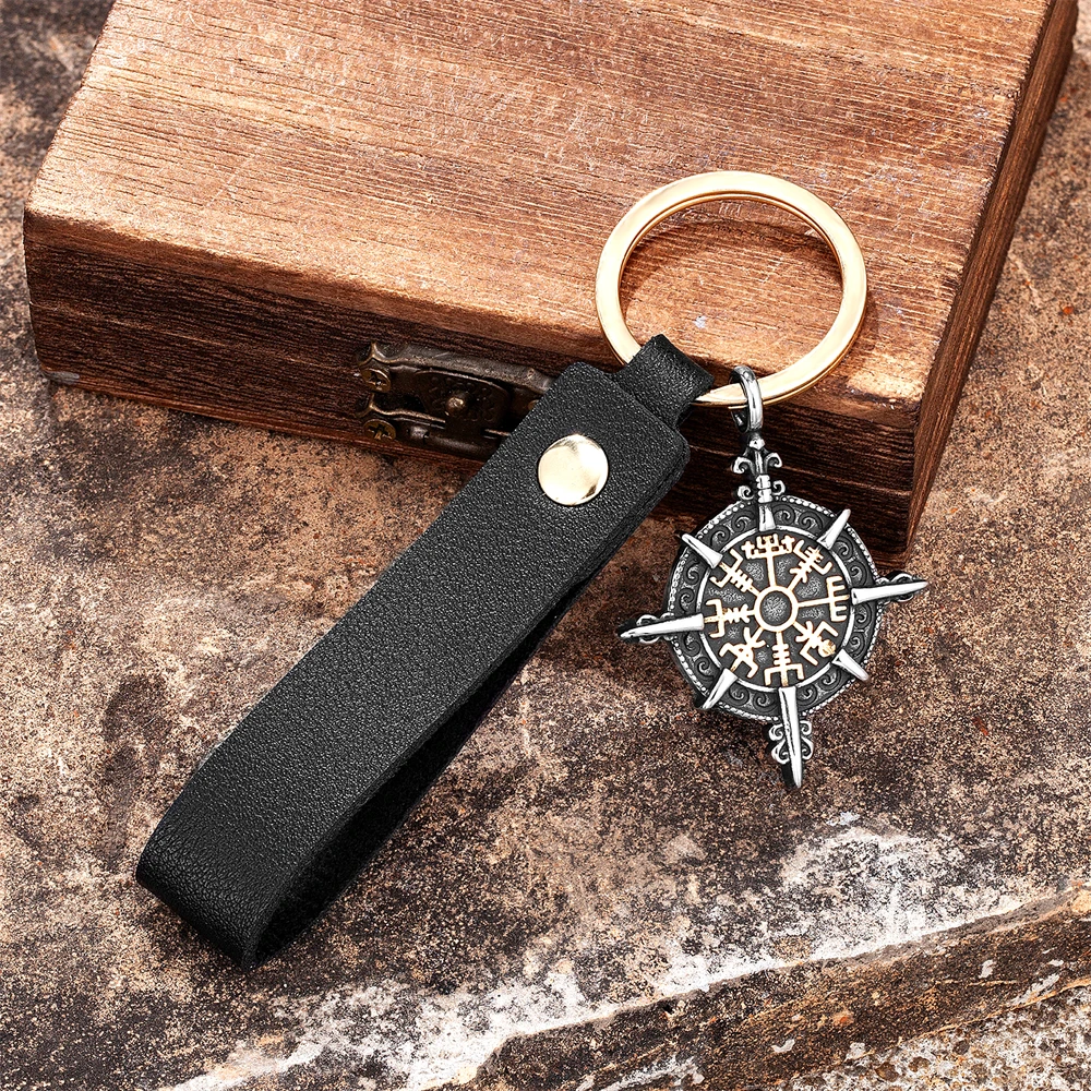 Viking Compass Keychain Men Double-sided Norse Trident Pendant Stainless Steel Self-defense Amulet Leather Keyring Retro Jewelry