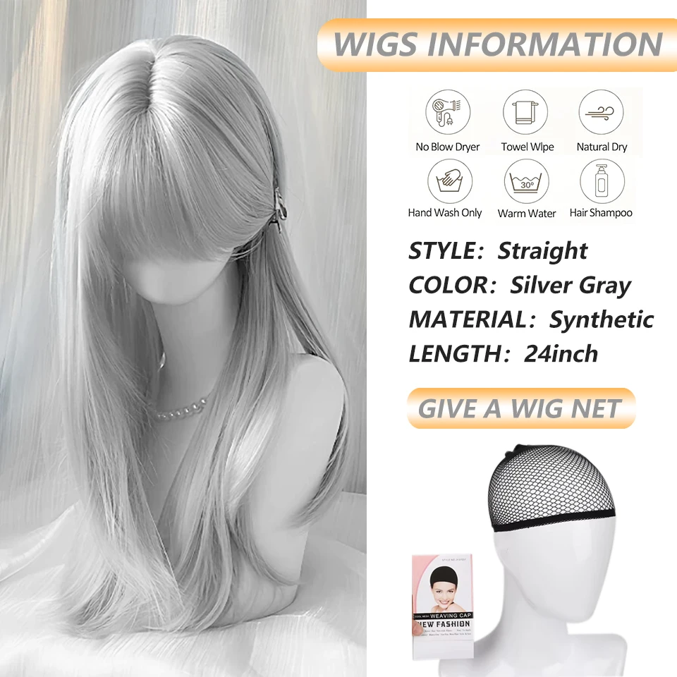 Silver Gray Synthetic Wigs Long Straight Lolita Cosplay Natural Wig with Bangs for Women's Party Daily Wear Heat Resistant Fiber