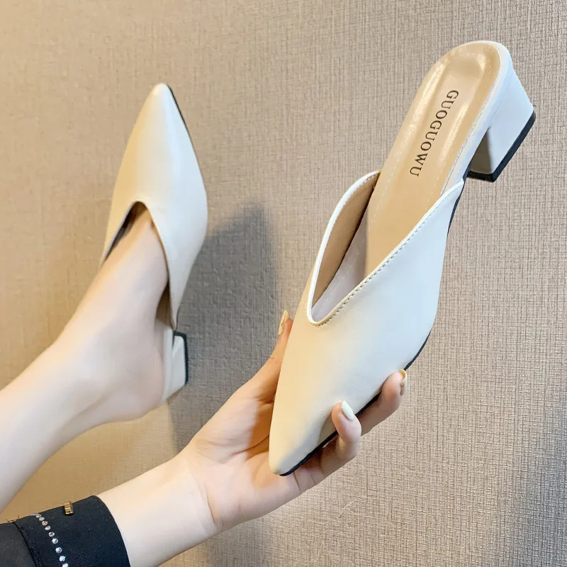 Pointed Slippers Women High Heels New Summer Shoes Fashion Luxury Square Heel Slides Slip Loafers Mules Black Female Party Shoes