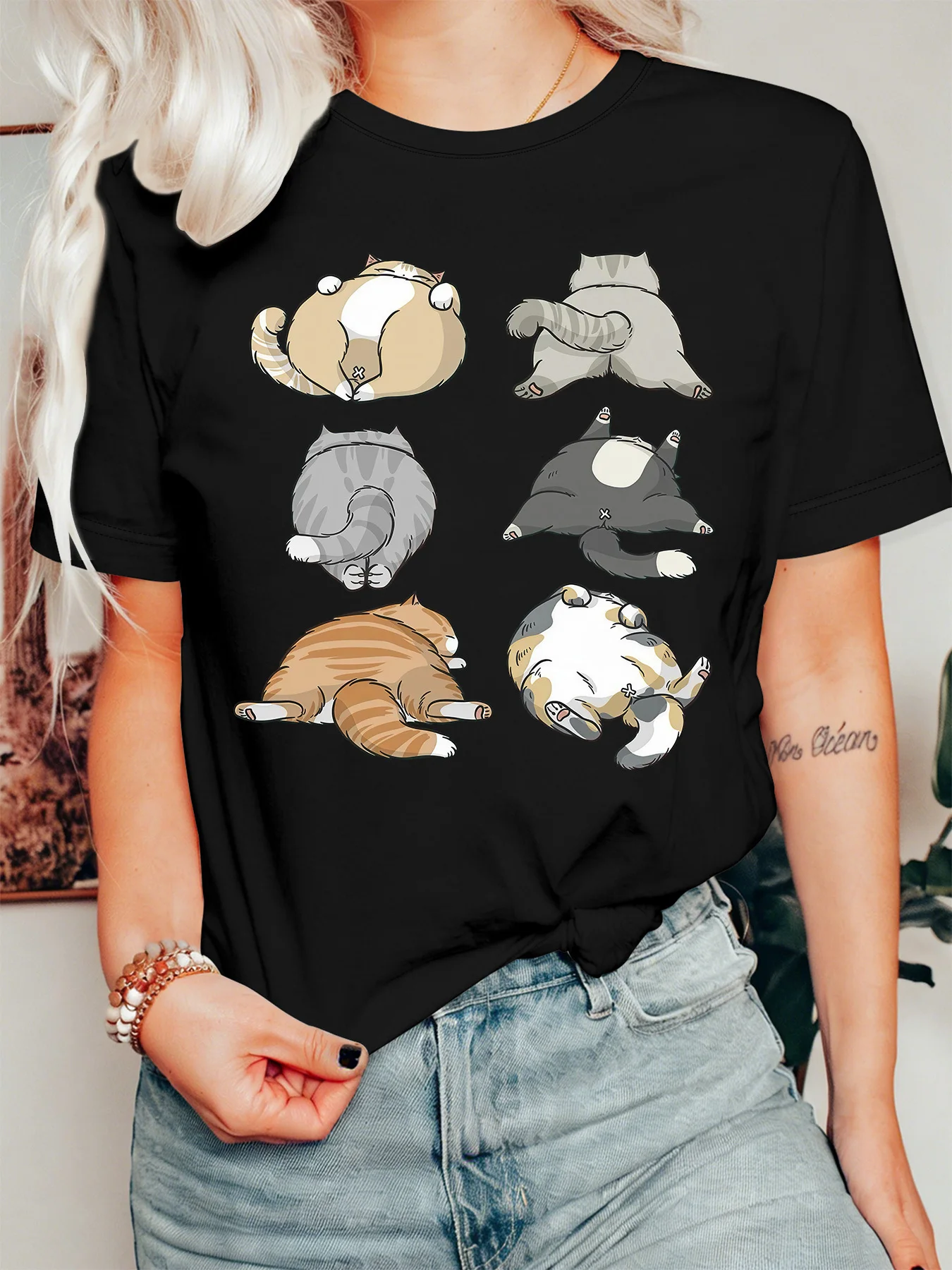 Funny Lazy Cat Butts Collection Womens Crew Neck Short Sleeve T Shirt Sleepy Pet Kitten Cartoon Casual Graphic Tees For Ladies