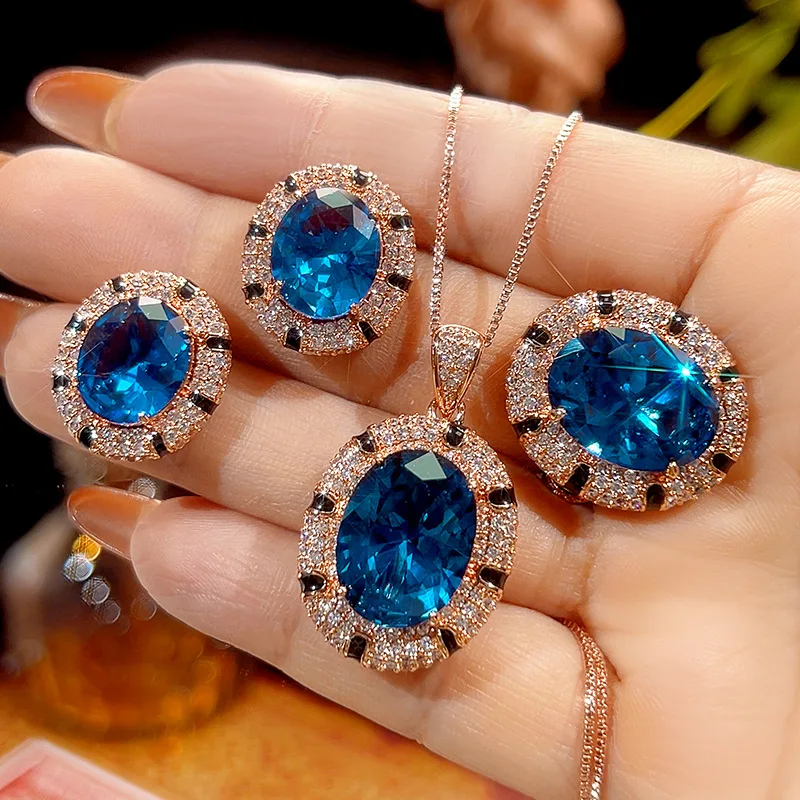 

Jewelry set with gold-plated copper base and blue spinel, vintage style, main stone 12*16*10*12
