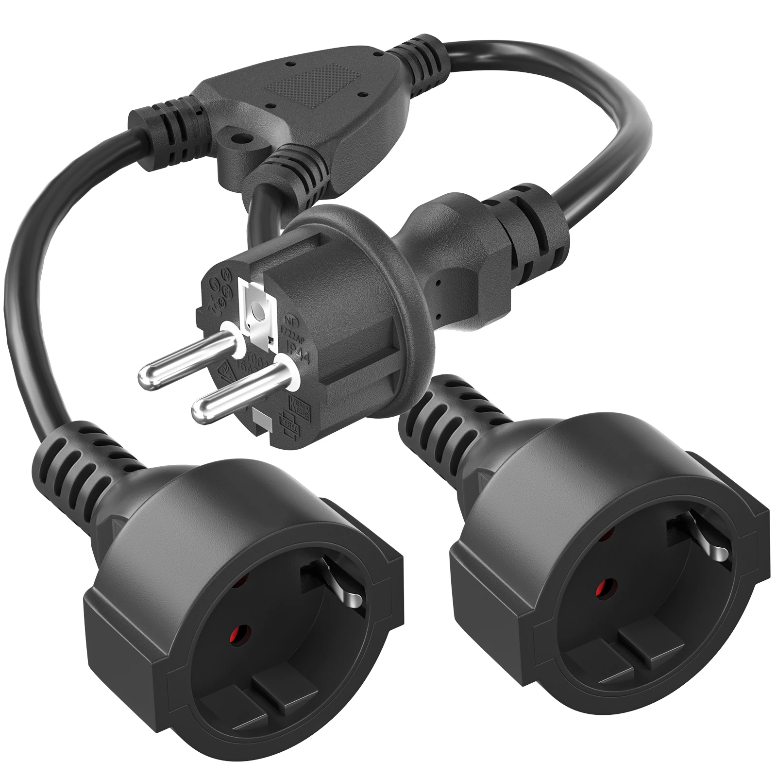 Extension Cable, Double Plug for Outdoor Socket IP20 2-way AC Schuko Socket 16A 250 V Y-type Splitter for Indoor Use