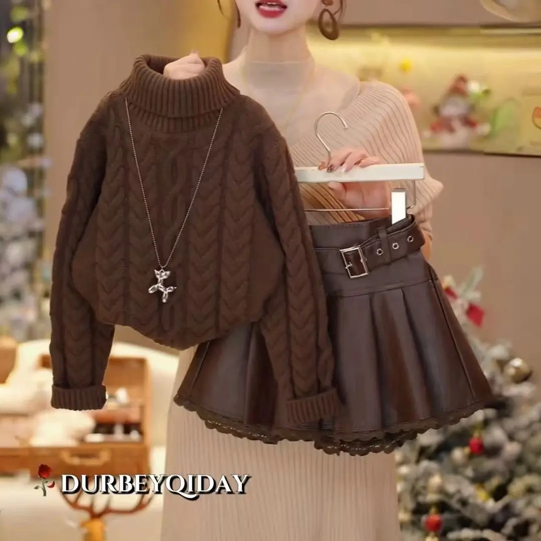 Girls Spring Autumn Winter Sweater Set 2025 New Fashionable Children Versatile Thick Sweater Lace Leather Skirt Two Piece Set