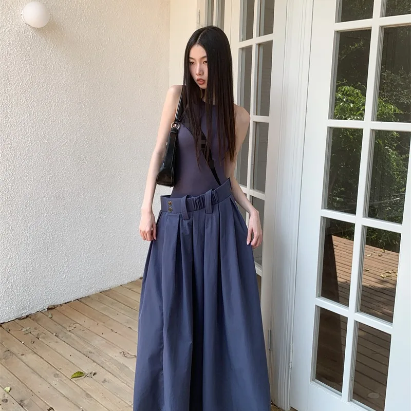 

Women's Fake Two-piece Blue Sleeveless Vest Spliced Long Dresses Summerslim Elastic Maxi Dresses Party Vestidos Skirts Fairycor