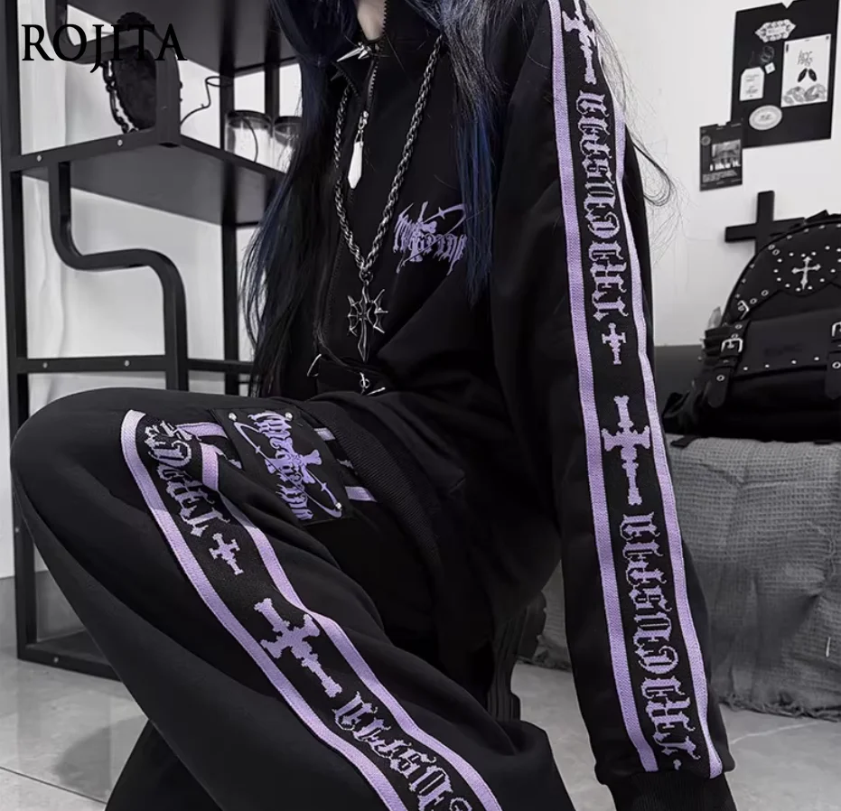 

Original Printed Subculture Dark Loose Tracksuit Top and Pants Set Women's Outfits Oversized Stand Collar Zipper Sweatshirts