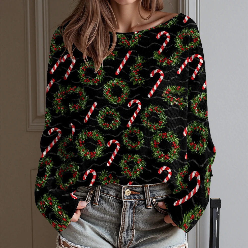 

Светлые цветочные элементы Женский свитер с открытой ключицей Цветочная женская одежда Свитер с длинными рукавами