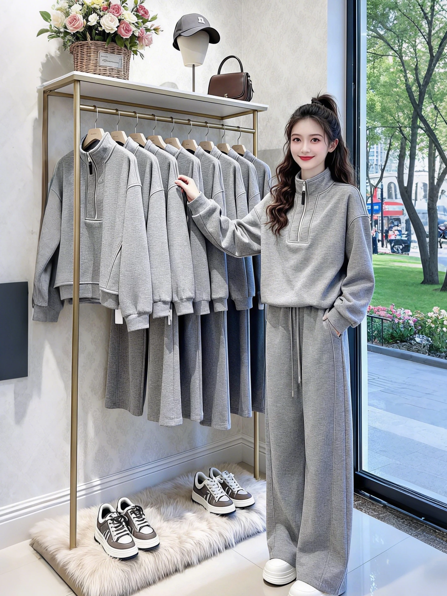 

Spring 2026 Women's Grey Simple Stand Collar Sweatshirt Wide Leg Pants Two Piece Set Fashionable Commute Style mid Waist Elastic