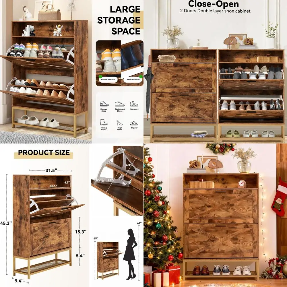 

Freestanding Shoe Cabinet Organizer with Open Storage, Entryway Shoe Storage, Metal Base, Brown