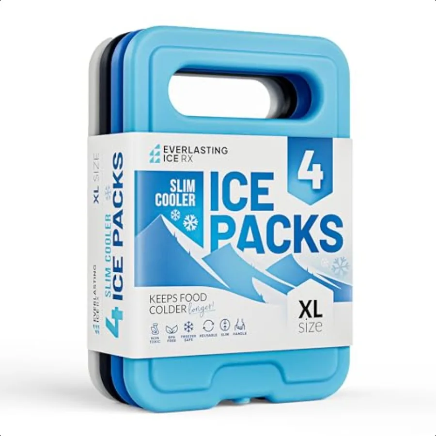 

Reusable XL Slim Ice Packs for Lunch Boxes with Handle 4 Pack BPA Free Freezer Packs 6.5 x 4.5 in Long Lasting Ice Pack for Ins