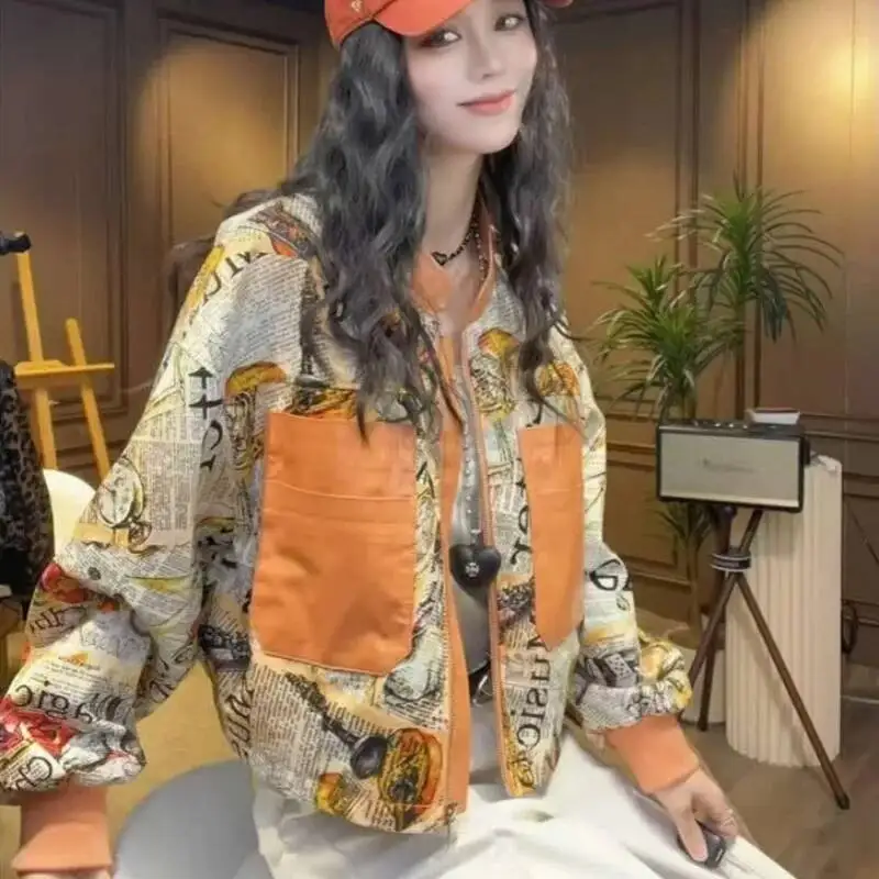 

Vintage Spring Autumn Letter Print Coat Women Stand Collar Long Sleeve Big Pockets Jacket Zipper Short Outwear