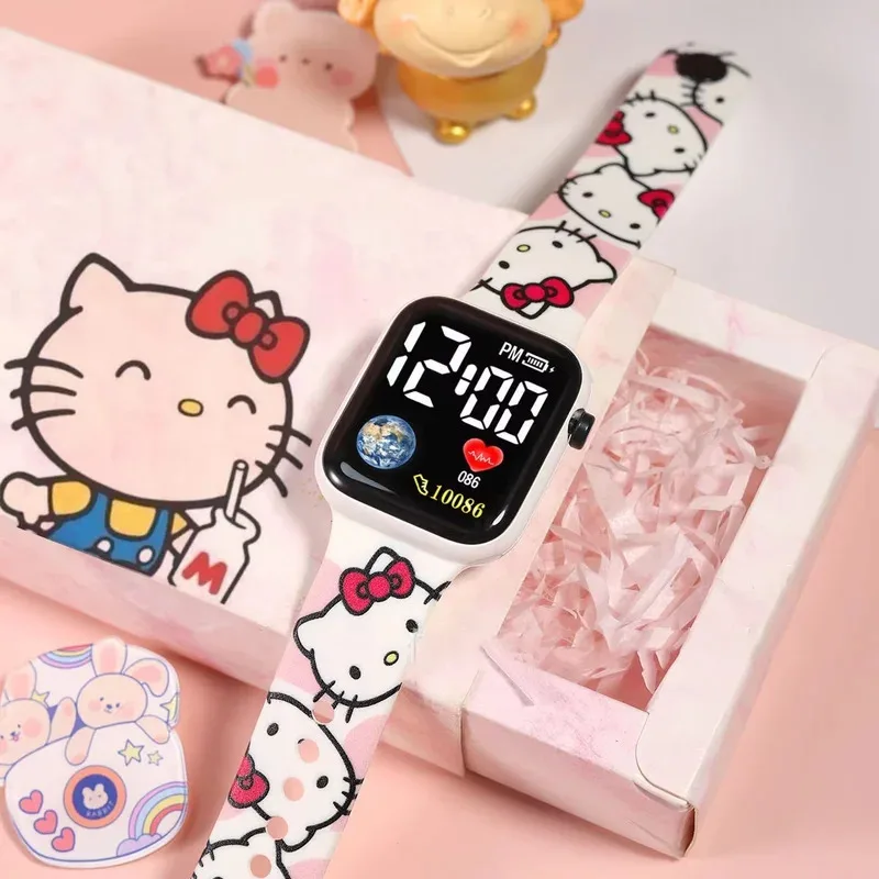 Sanrio น่ารัก Hello Kitty สีพิมพ์นักเรียน LED สมาร์ทนาฬิกาอิเล็กทรอนิกส์แฟชั่นพิมพ์สแควร์ Y1 ปุ่มนาฬิกาอิเล็กทรอนิกส์