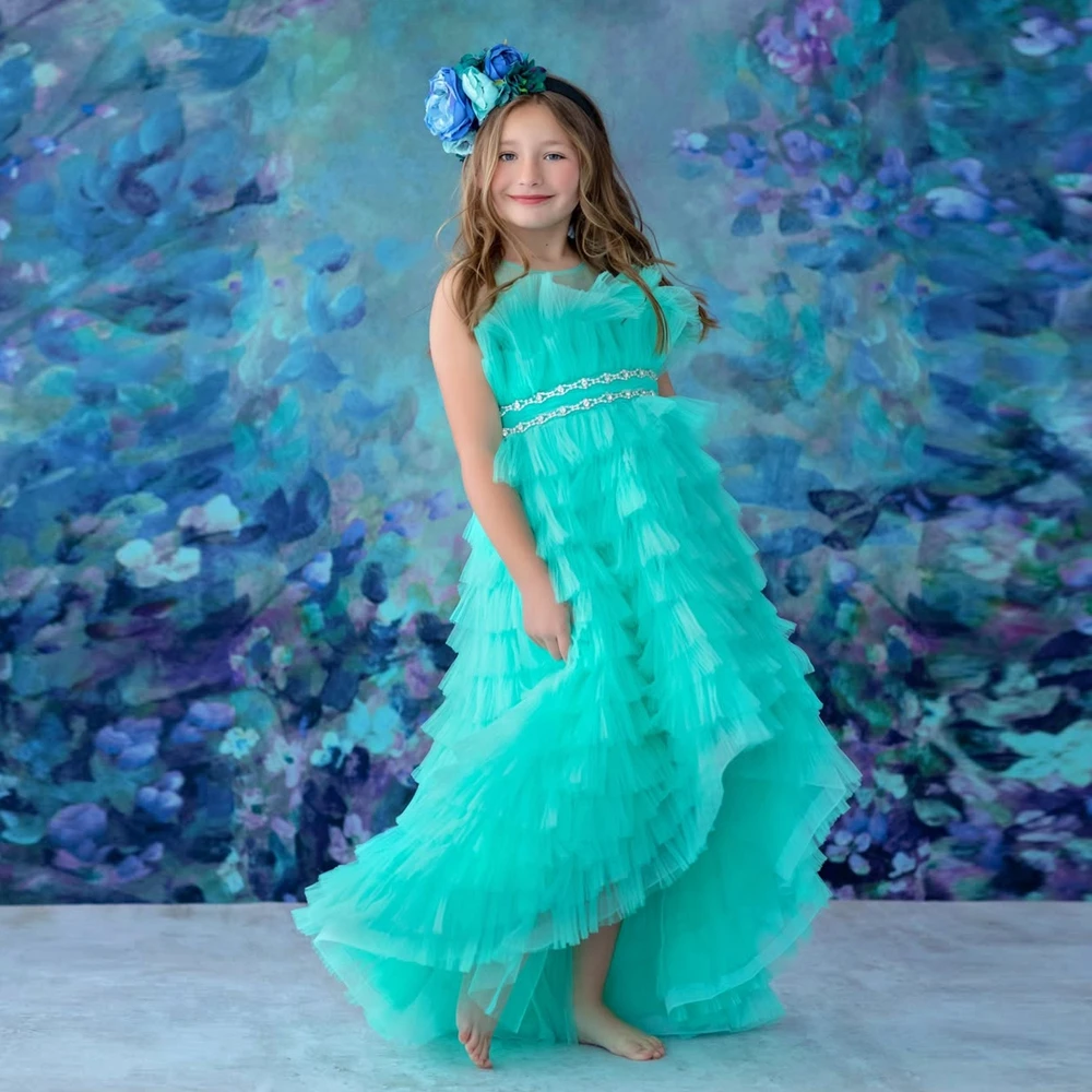 

Charming Aqua Blue Tulle Ruffle Party Dress for Girls Cute Mesh Tiered Puffy Photo Shoots Kids Gown Sweet Mesh Flower Girl Dress