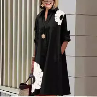 Długie sukienki damskie, sukienka koszulowa, zapinana na guziki, kołnierzyk wykładany, codzienna sukienka maxi, fason litery A, sukienka biurowa, jesień 2025, Vestidos