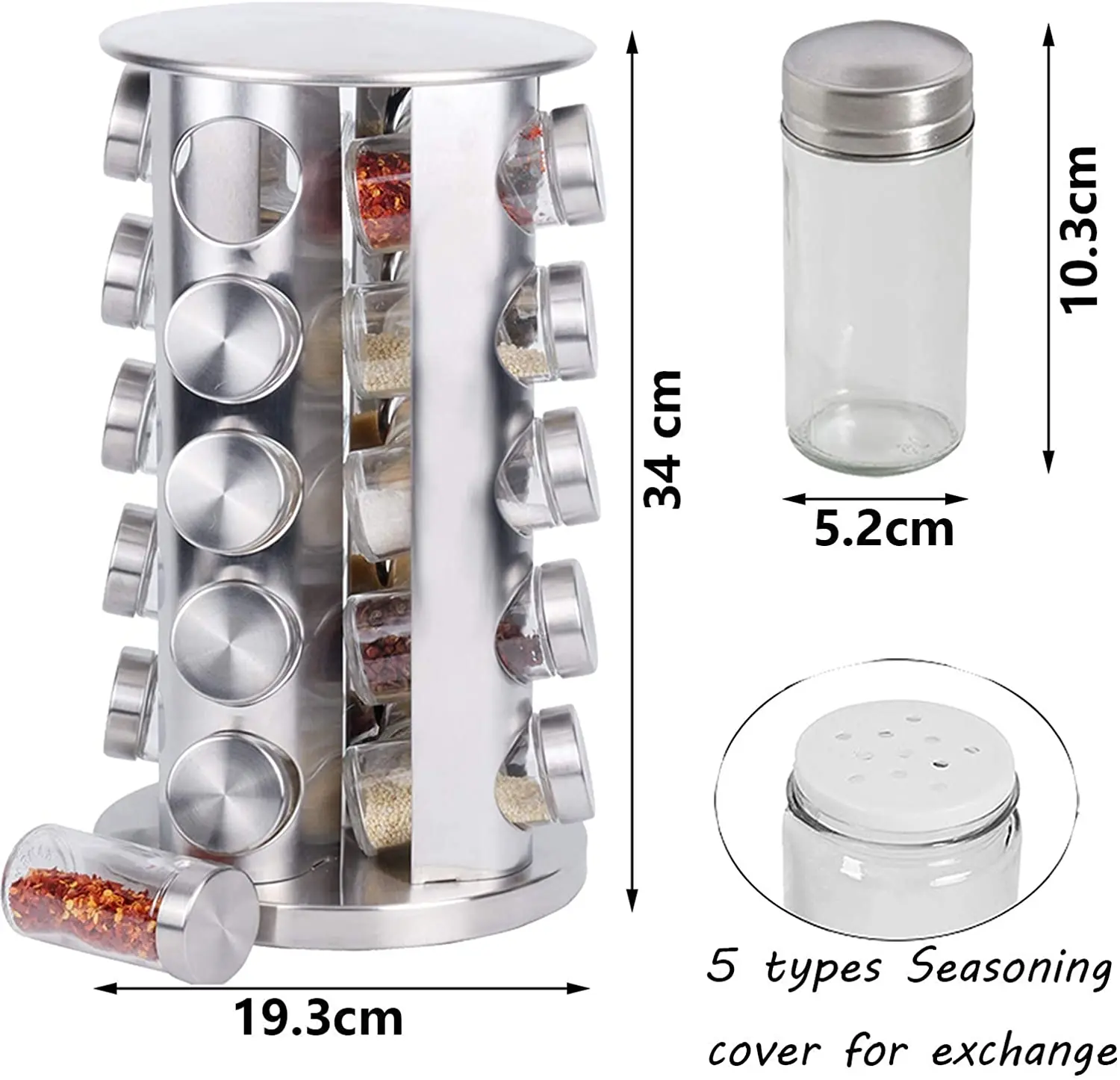 Stainless Steel Spice Jar with Label Countertop Spice Tower Rotating Rack Spice Container Organizer Pepper Seasoning Pot