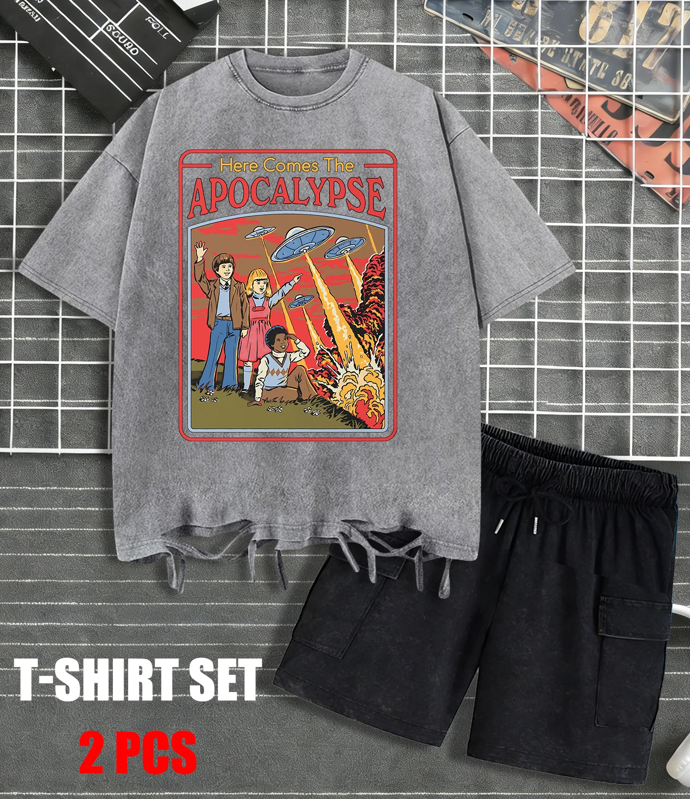 

Here Comes The Apocalypse Retro Men T-Shirt Wash Casual Cotton Sportsuit Fashion Short Sleeve Unisex Comfortable Holes Top