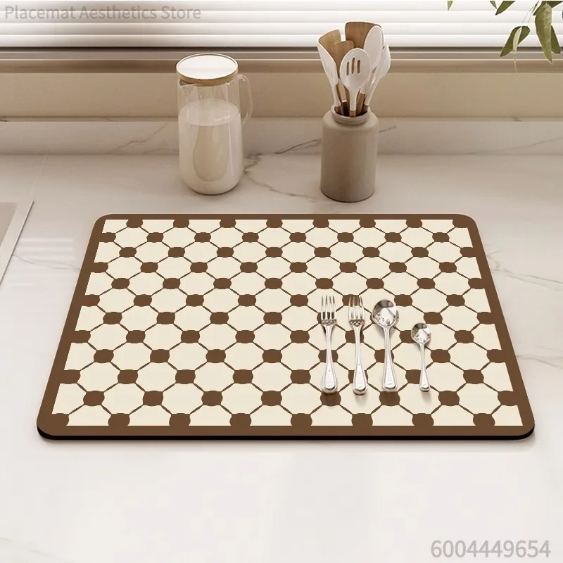 Retro Geometric Pattern Print Super Absorbent Drying Mat Waterproof Kitchen Counter Drain Pad Decor Placemat