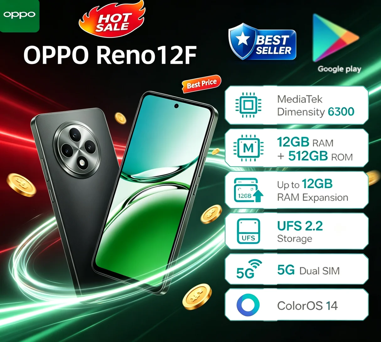 Must‑Buy 2026 Global Unlocked OPPO Reno12F Cellphone 12GB RAM 512GB Generous Storage Optimized Running Experience Everyday