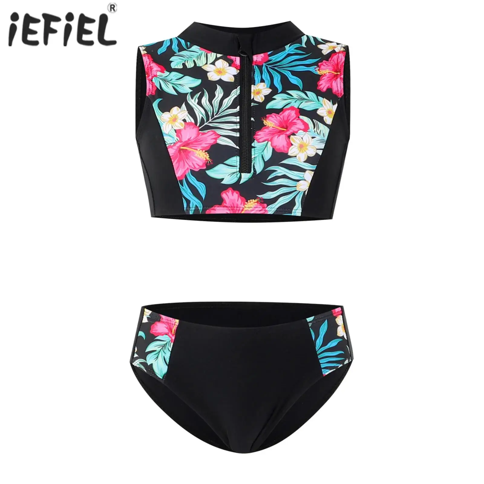 Girls Hawaiian Swimwear Set Two Piece Tropical Tankini Swimsuits Flower Print Front Zipper Swim Top with Bottoms Bathing Suit