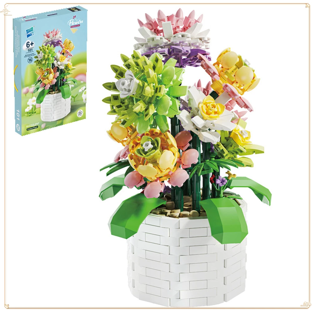 

Building Block Flower Series Simulation Rose Bouquet Lantana Succulent Potted Plant Home Eternal Flower Decoration Ornament Gift