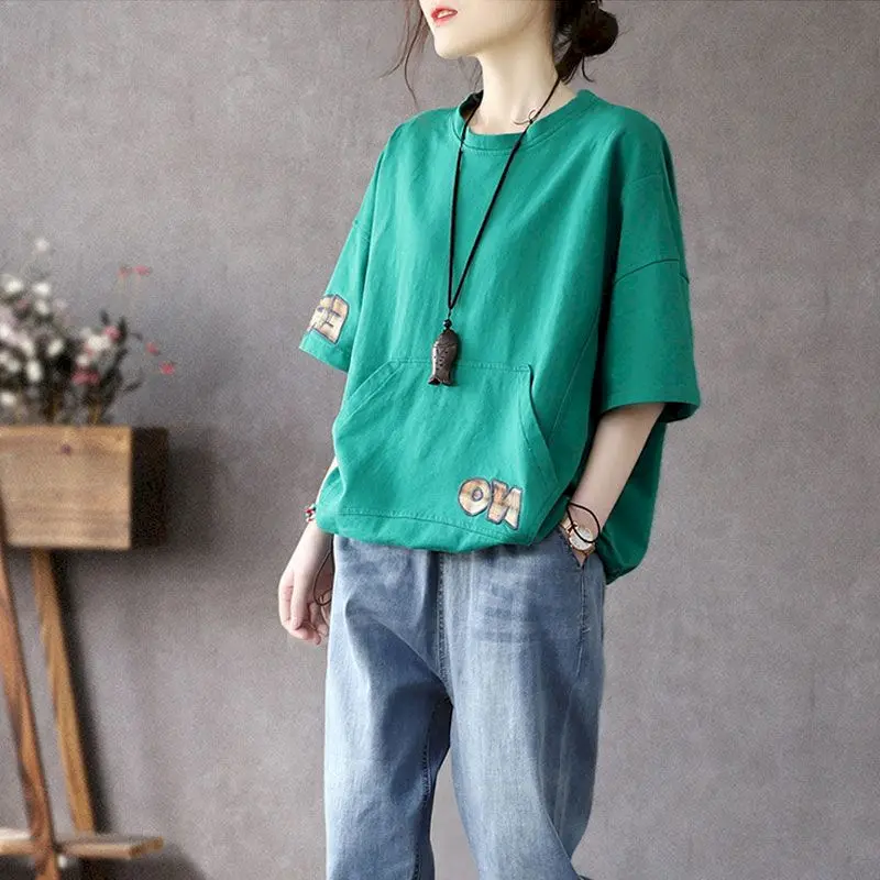 100% Cotton Mid-sleeve T-shirt Women Summer Casual Loose T Shirt Patch Embroidery Hem Elastic Drawstring Five-point Sleeve Tops