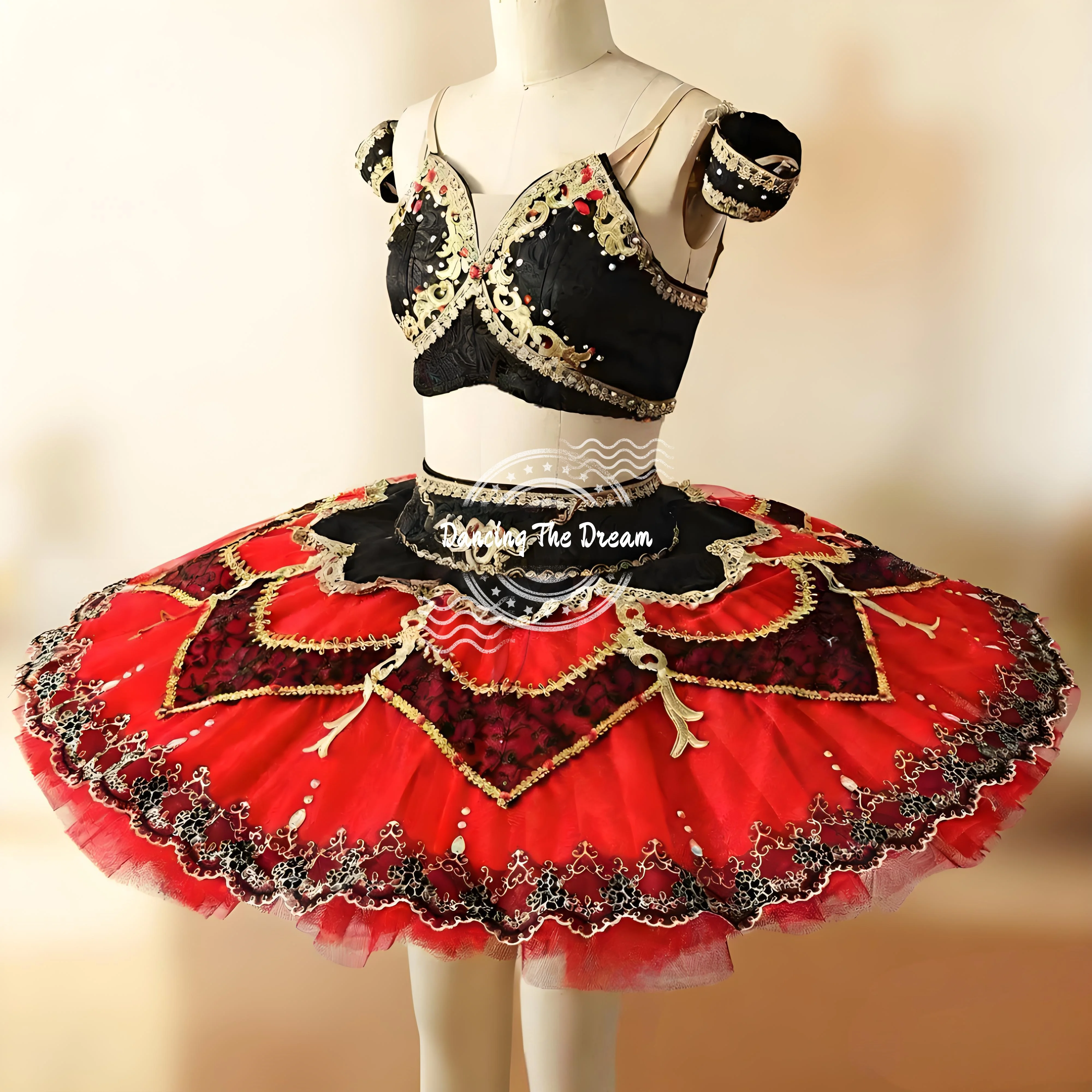 Costume da spettacolo decorato con abito tutù da balletto rosso e nero da donna