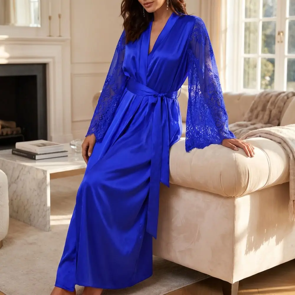 Long Sleeve Satin Night Robe Plus Size Comfortable Lace Robe Dress Sleepwear V Neck Silk Satin Nightdress Loungewear
