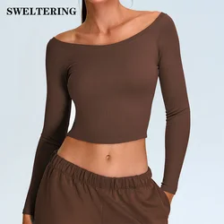 Women Yoga T-shirts Solid Sports Top Off Shoulder Long Sleeve Gym Workout Running Shirts Sexy Quick Dry Fitness Gym Sport Wear