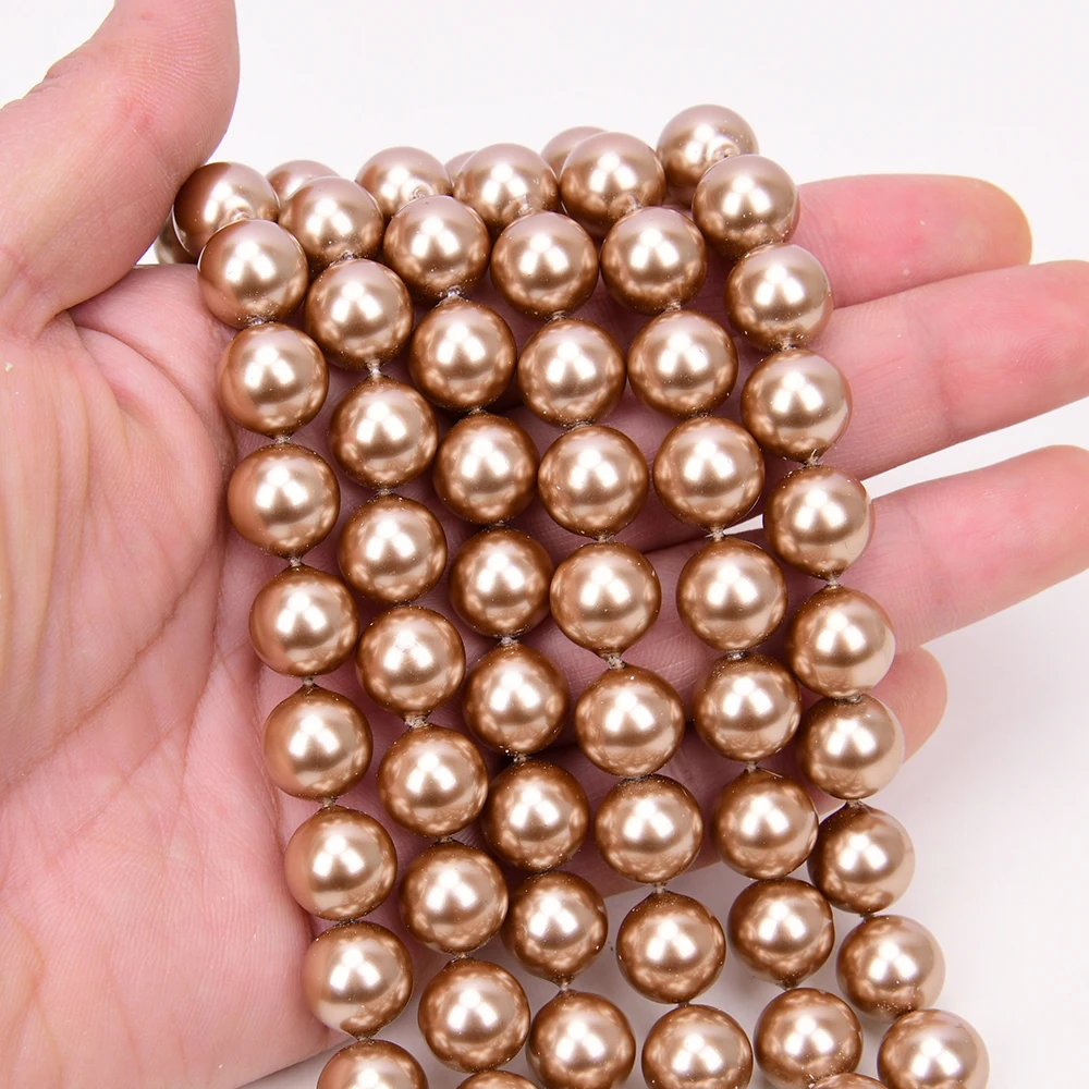 2 Strands 12mm Champagne Color Sea Shell Pearl Smooth Round Loose Beads Strand 15.5'' Jewelry Making DIY