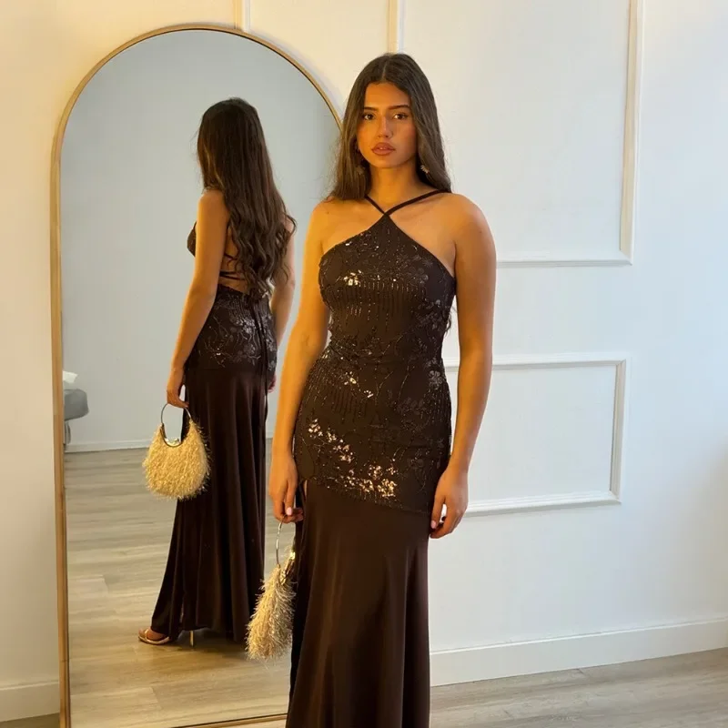

GUWU Lace-up Sleeveless Sexy Party Sequin Slit Waist Dress Evening Dress Women's Long Dress