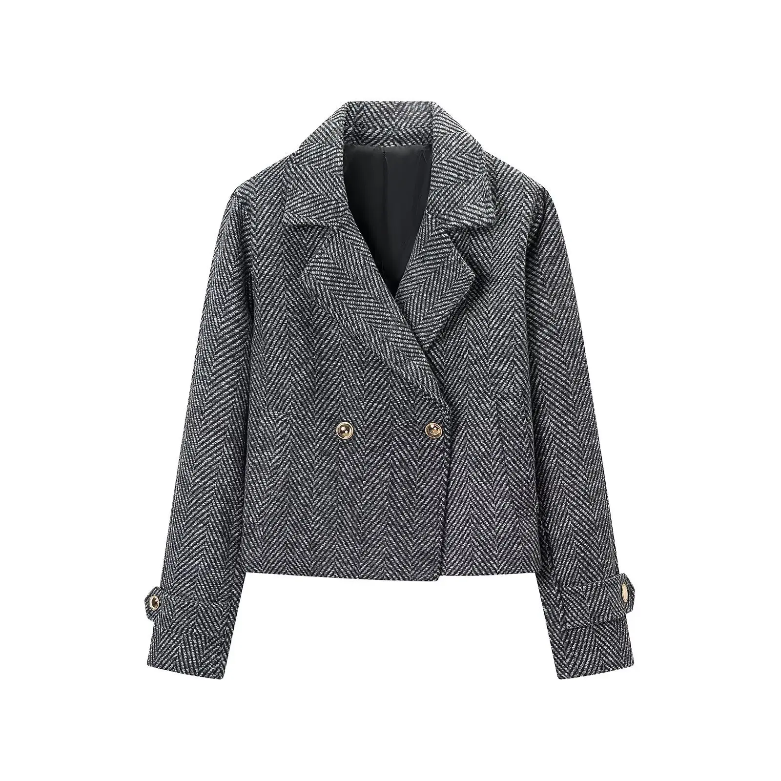 Autumn Winter Women Gray Black Herringbon Woolen Blazer Notched Collar Double-breasted Buttons Loose Long Sleeve Suit Short Coat