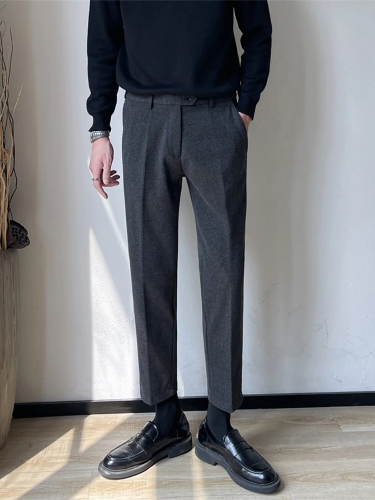 

Autumn Winter Men's Thiened Woolen Casual Pants Straight Leg Long Trousers Versatile Sli Korean Faion Youth Active Sle