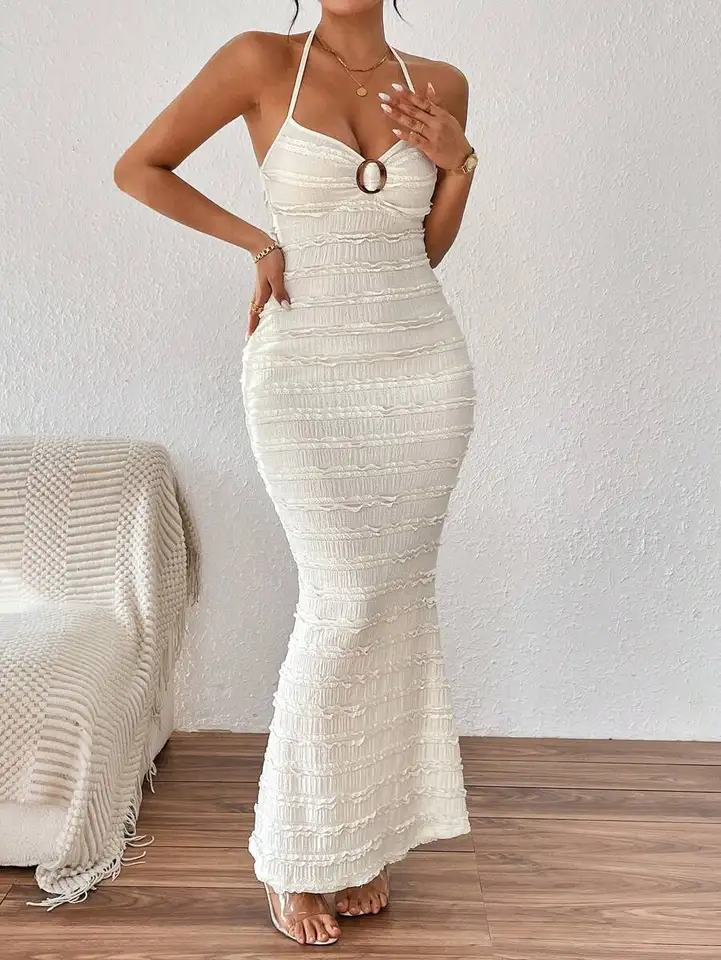 Textured Halter Neck Mermaid Maxi Dress for Women