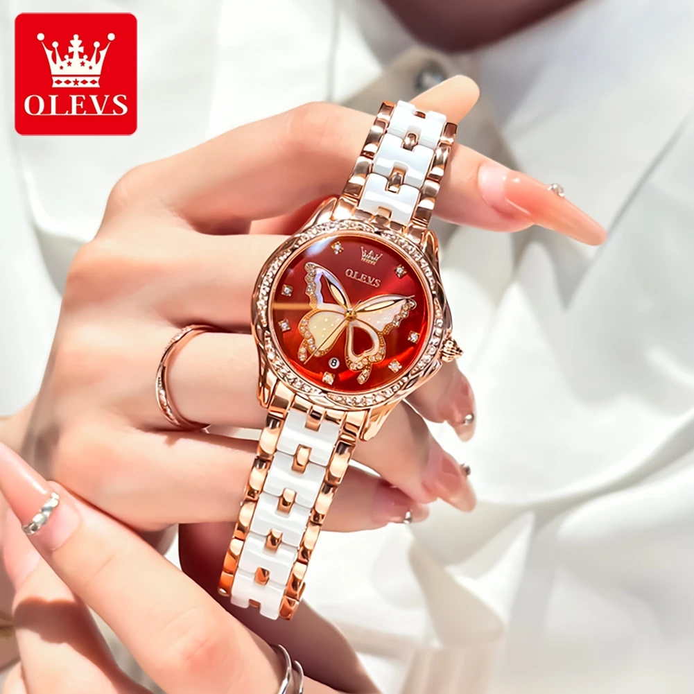 OLEVS Women Watches Fashion Dress Butterfly Dial Original Quartz Watch for Lady Waterproof Ceramic Strap Luminous Date Gift box