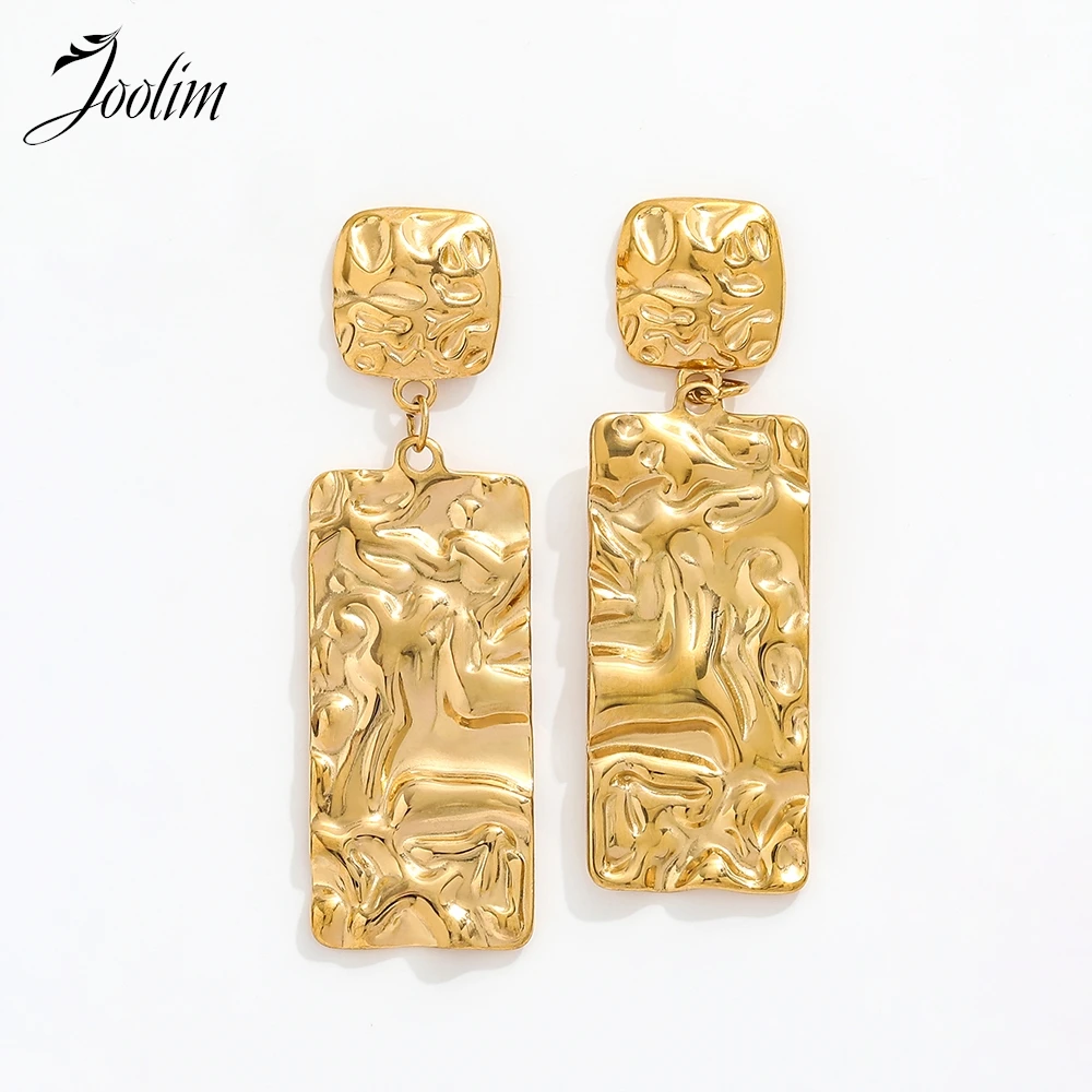 

Joolim Jewelry High Quality PVD Wholesale No Fade Personalized Retro Long Square Pleated Hoop Stainless Steel Earring for Women