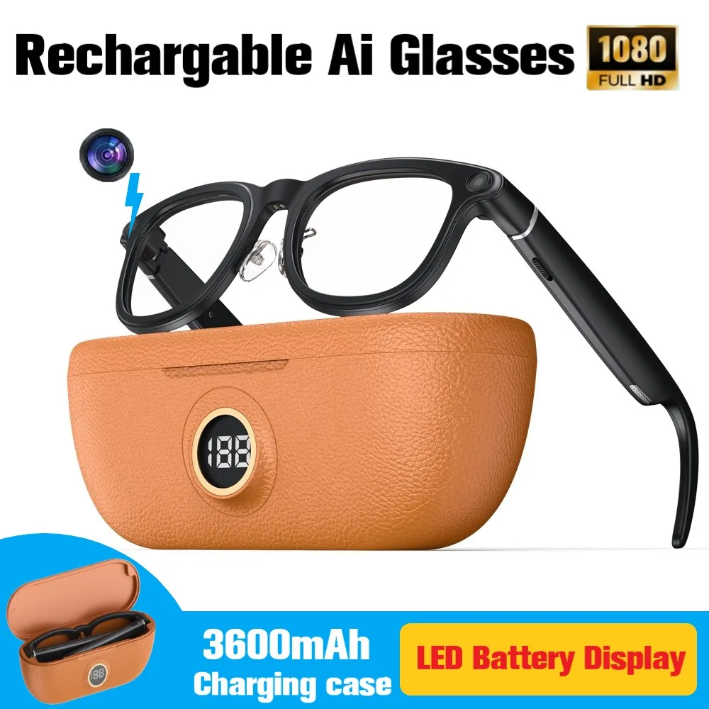 Top-tier Spec Ai Smart Glasses with Charging Case LED  Battery Display 800W HD Camera Recording Videos Music 3600mAh Power Bank