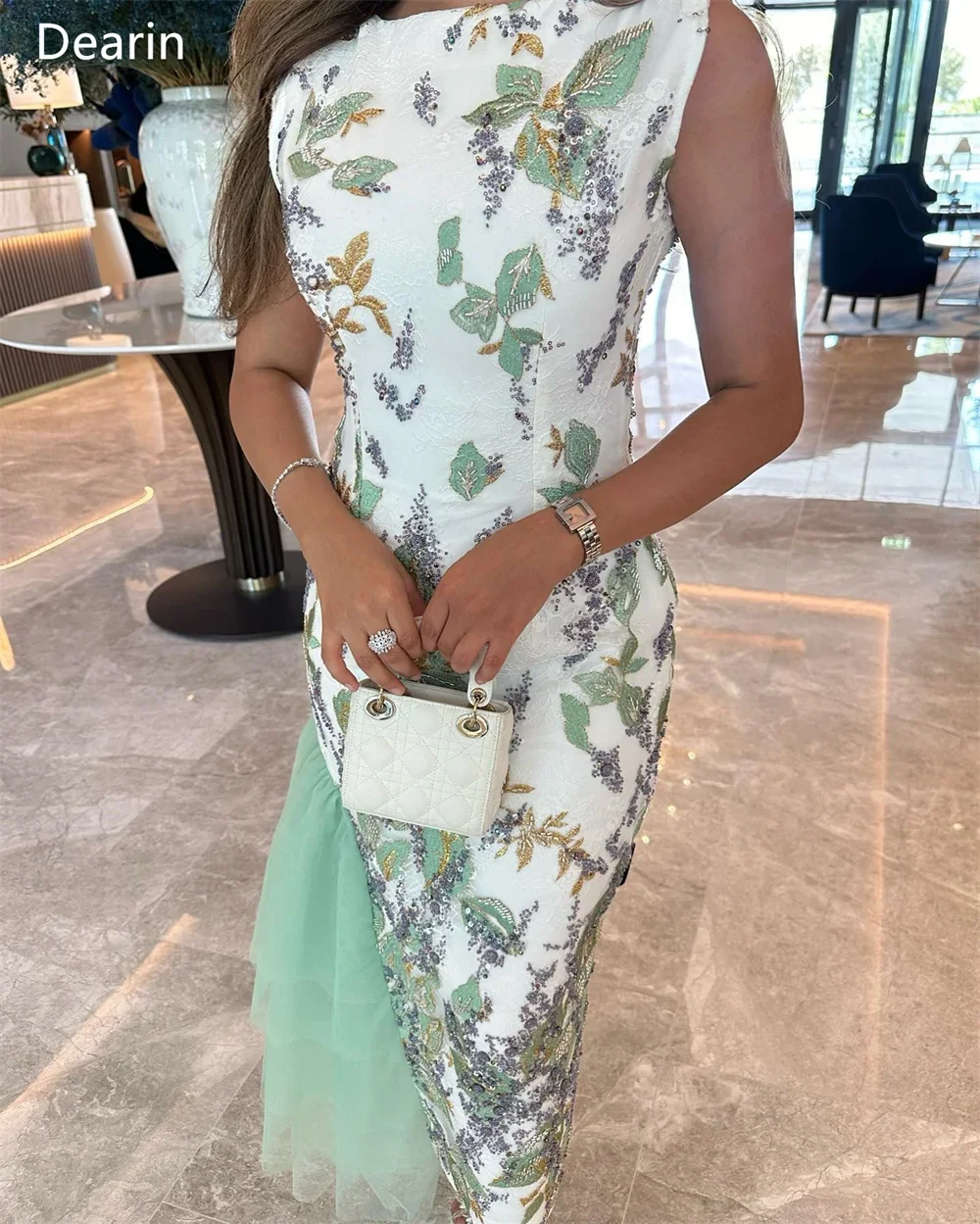 Customized Saudi Arabia Dearin Scoop Neckline Sheath Ankle Length Skirts Tulle Hugging Print Sleeveless Bespoke Occasion Dresses