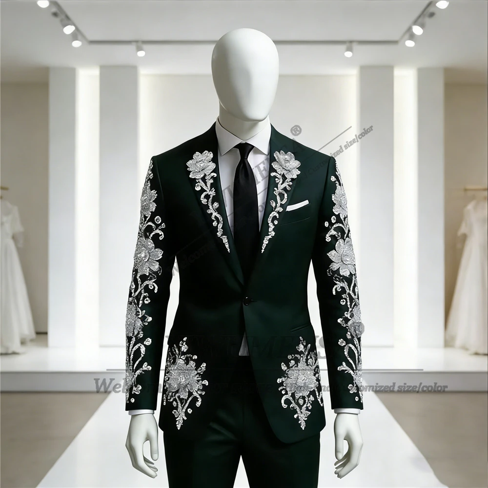 

Luxury Crystals Beads Men Wedding Suit Single Breasted Jacket Pants 2 Pieces Man Party Prom Tuxedos Customized costumes homme