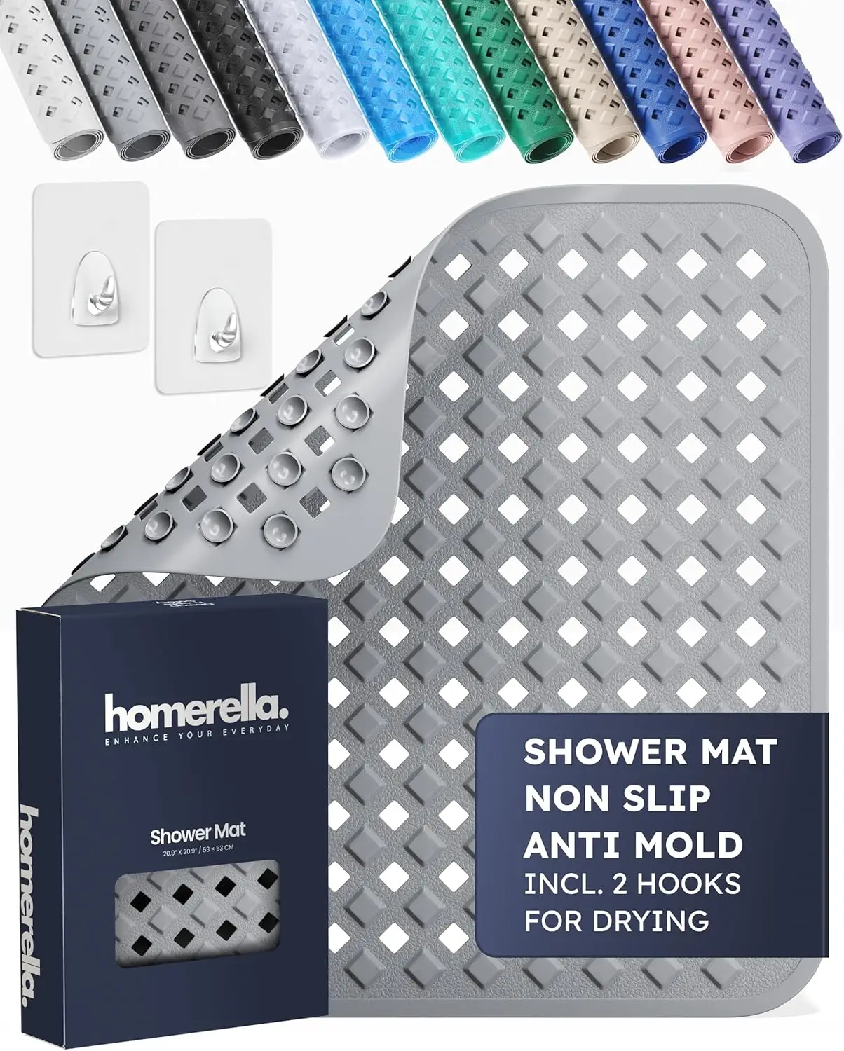 

Противоскользящий коврик для душа, защита от плесени, квадратный напольный коврик 21x21 дюймов с присосками и крючками для быстрого высыхания, можно стирать в машине