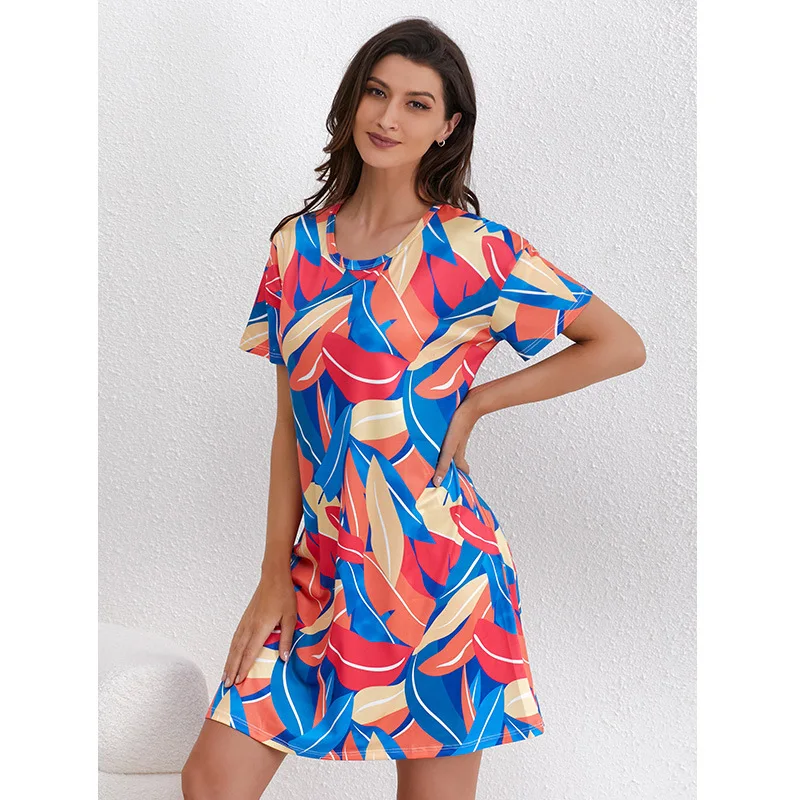 

Female Floral Print Short Sleeve Nightgown Women's Large Size Casual Round Neck Sleepshirt Loungewear Dresses Loose Home Clothes
