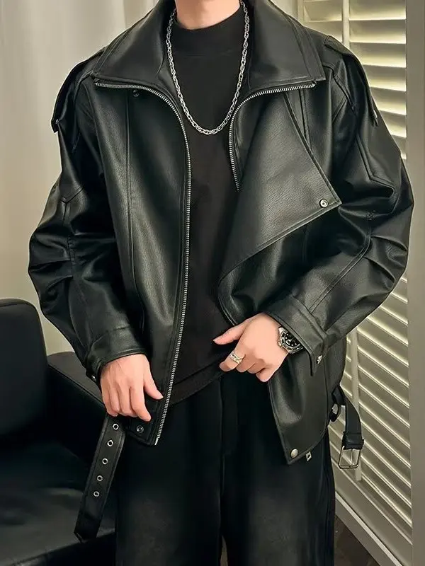 

Retro American Deconstructed Design ort Bla Leather Jaet Men's Motorcycle Outerwear Pilot Coat Youth Casual Sle