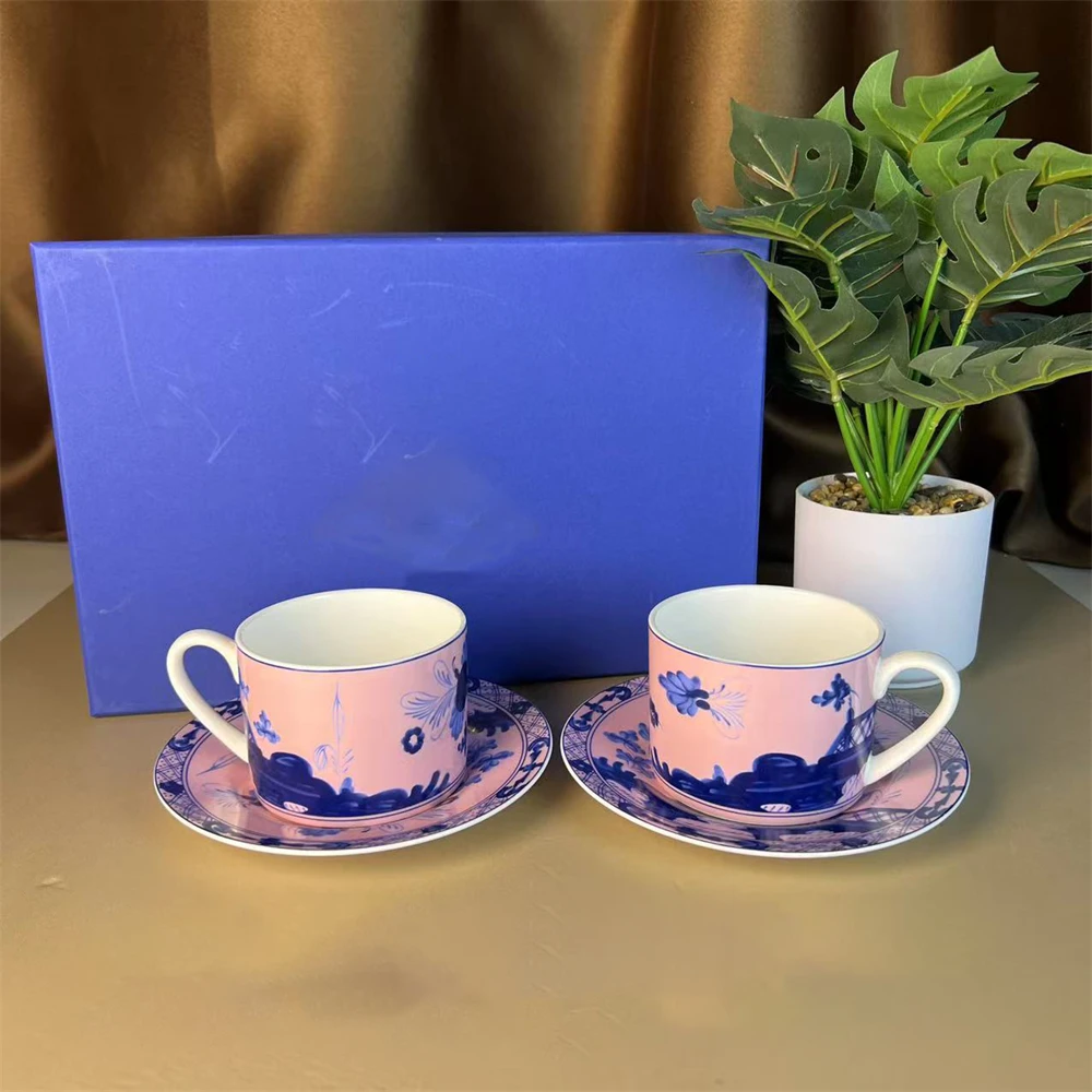 High-end Oriental Series Plate Coffee Cup And Saucer Mug Pink Purple Blue Printed Plate Cup And Saucer Suit Gift Box Tea Cup Set