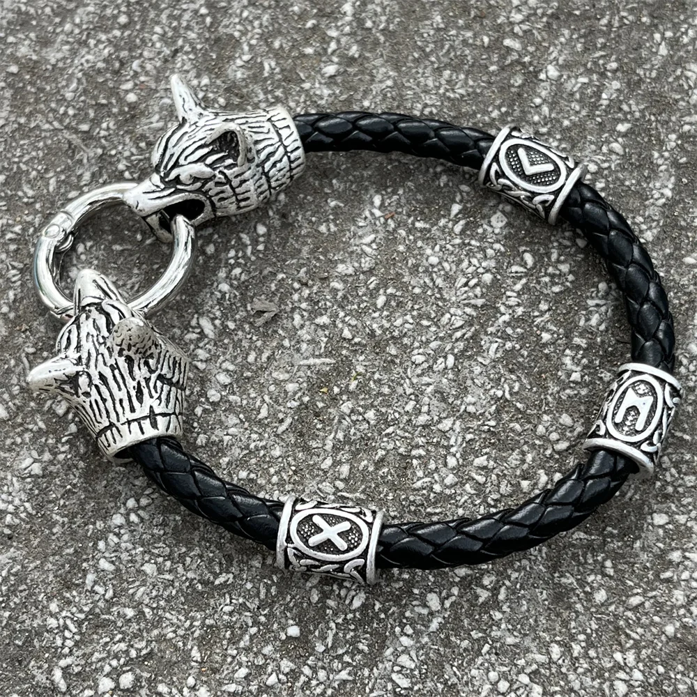 Wolf Heads Norse Mythology Jewelry Runic Beads Viking Bracelet Bangle Men Women Accessories Dropshipping