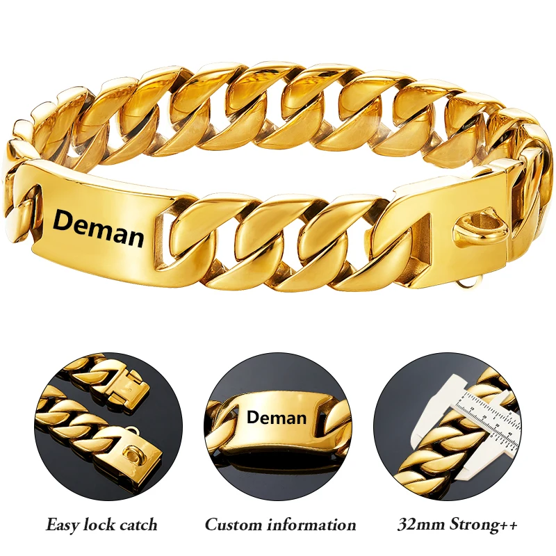 Big Dog Chain Collar Free engraving Personalized 32mm wide Stainless Steel Metal Cuban link Chew Proof Pet Collars For large dog