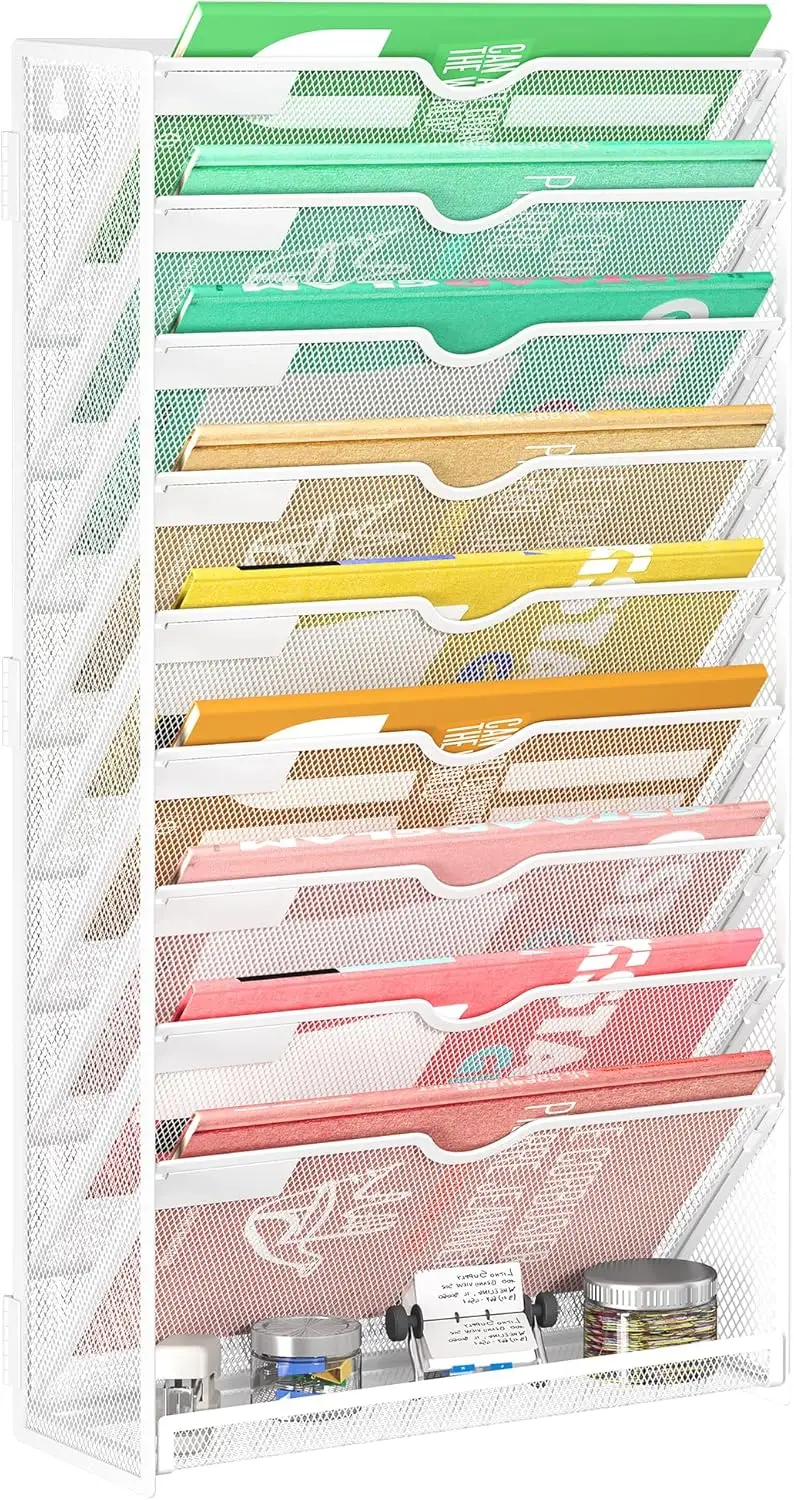 

10-уровневый настенный органайзер для файлов для офиса и дома, вертикальное хранилище с 9 карманами и панелями для этикеток, белый