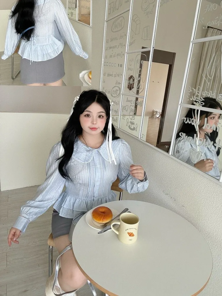 

Silk-Like Blue Long Sve irt Adjustable Waist Doll Collar Ruffle Trim French Sle Loose Fit Cotton Polyester Blend Women...