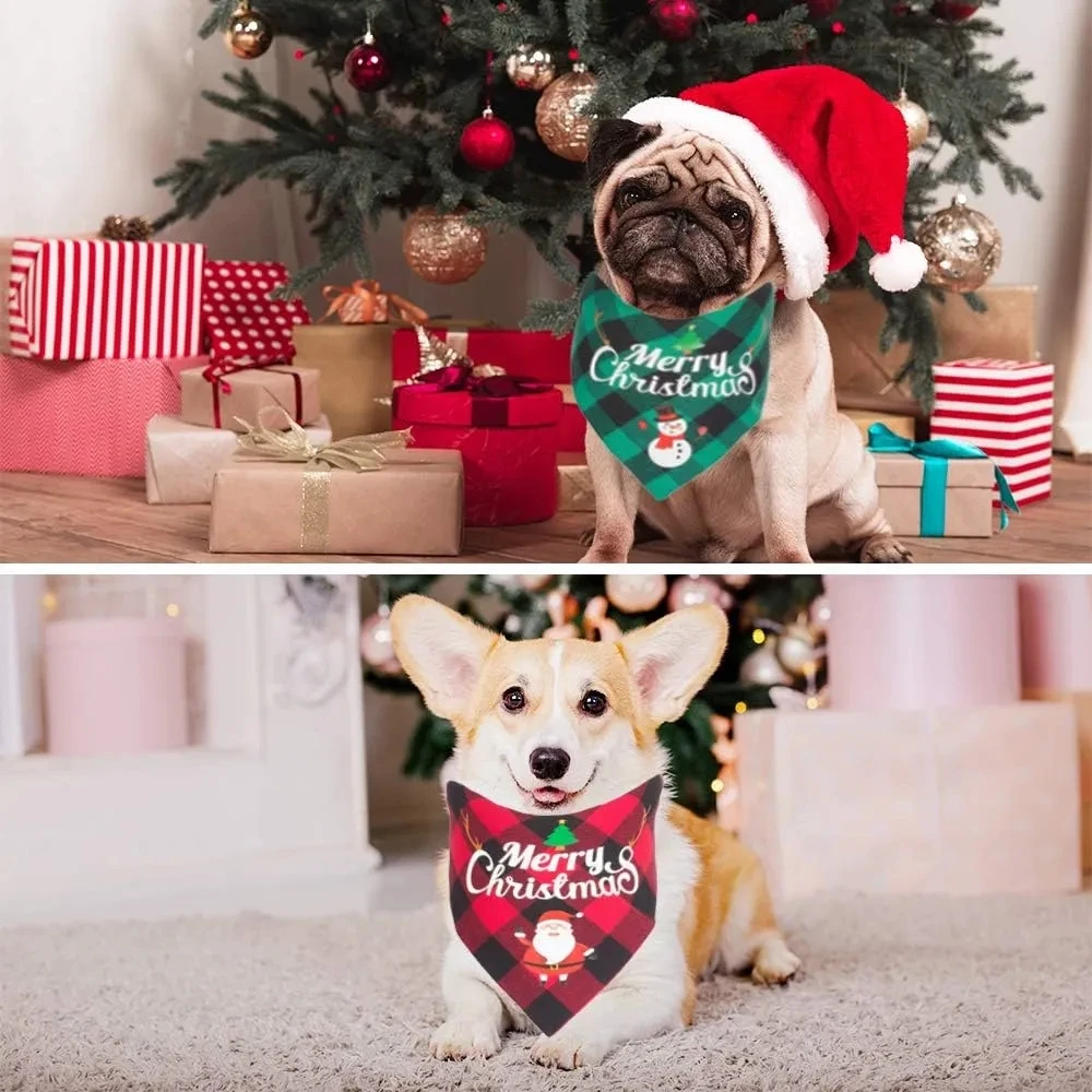 Pet Christmas Classic Plaid Handkerchiefs Dogs Cat Triangular Scarf Bibs Kerchief Santa Snowman Print Cotton Gingham Drool Towel