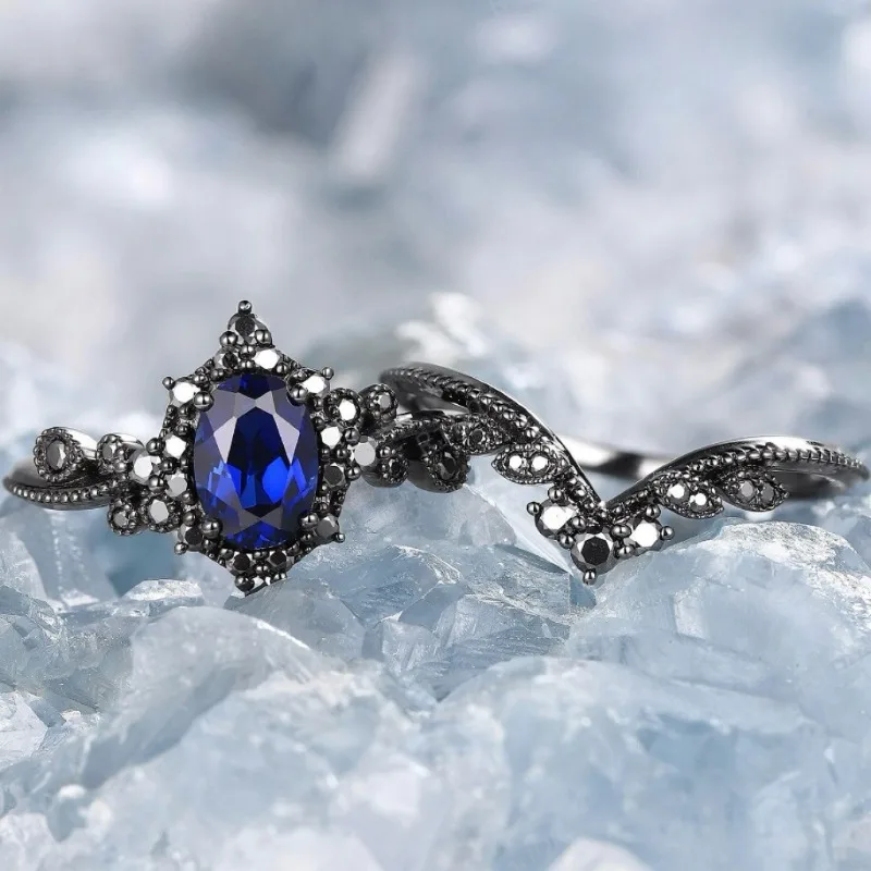 European and American fashion new gun black jewelry, navy blue zircon inlaid double-layer women\'s ring