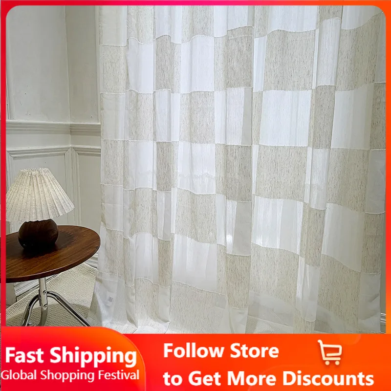 Simple Style Large Square Linen Gauze Plaid Texture Semi-transparent Window Screen Custom Size Curtains for Bedroom Window Decor