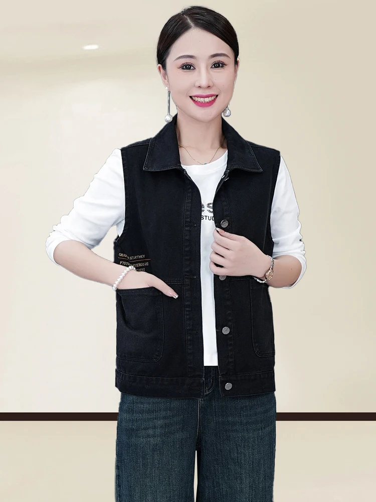 Faionable Svel  Collar Denim Vest Women's Spring Autumn New Sle Youthful  Collar Jeans Vest Outerwear