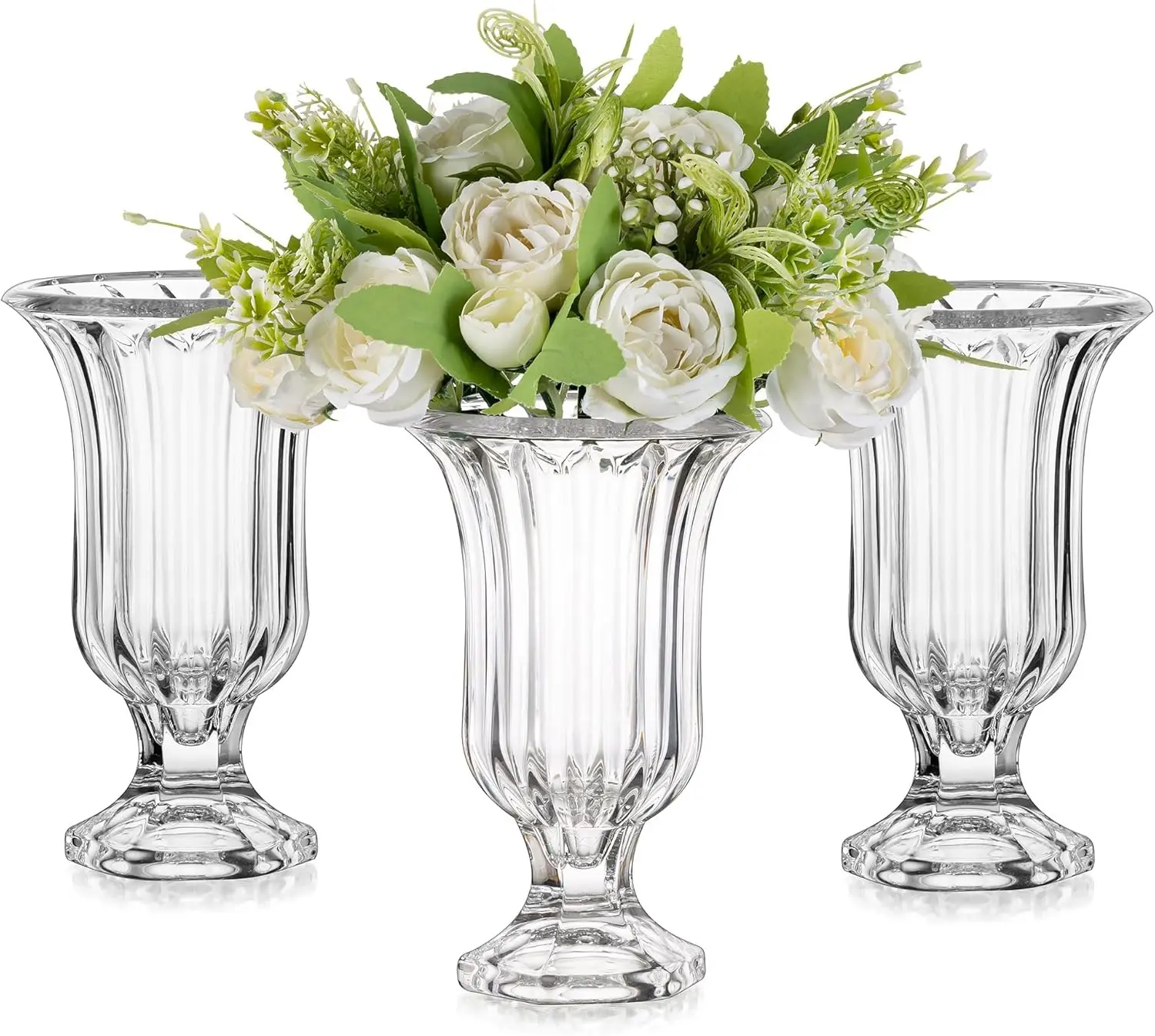 

Glasseam Pedestal Glass Vase For Flowers, 7.5In Tall Compote Vase Set Of 3, Crystal Clear Vases For Centerpieces, Ribbed